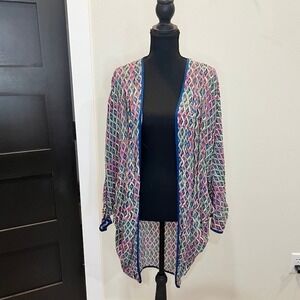 Soft Surroundings Kimono Cardigan Pink Blue Ikat Geometric Print L/XL Boho Indie